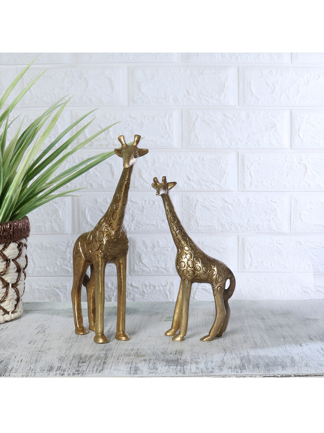 Two Moustaches Giraffe Gold Brass Metallic Living Room Set of 2 Medium Showpieces - 8.9 Inches