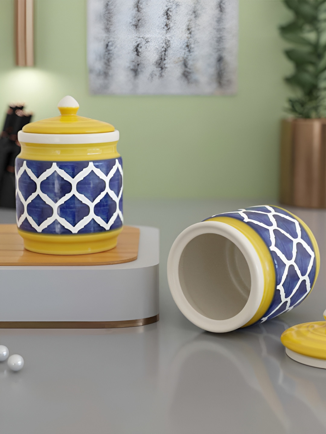 The Earth Store Yellow & Blue 2 Pcs Ceramic Dishwasher and Microwave Safe Jar & Lid 600ml