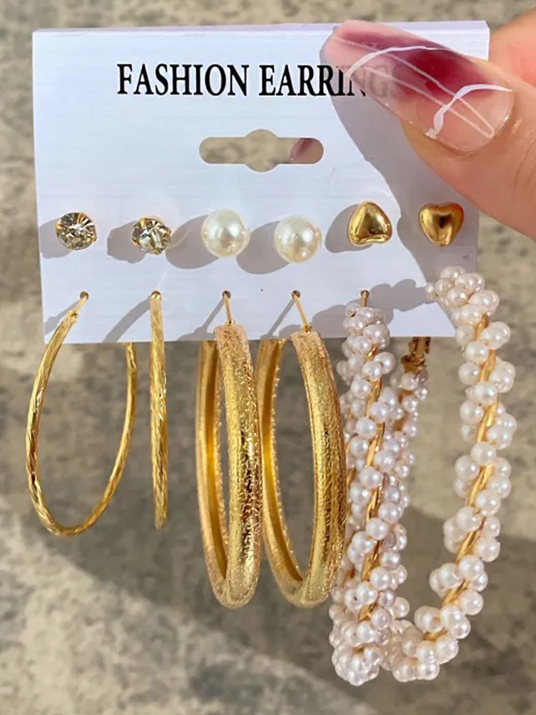 Bohey by KARATCART Set Of 6 Gold-Plated Stone-Studded and Beaded Hoop & Studs Earrings