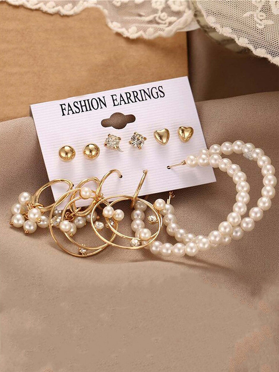 Bohey by KARATCART Set Of 6 Gold-Plated Stone-Studded and Beaded Hoop & Studs Earrings