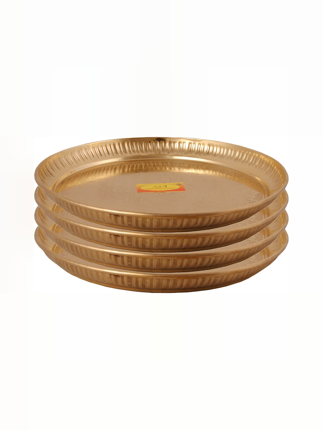 Shivshakti Arts Yellow 4 Pieces Floral Textured Brass Plates