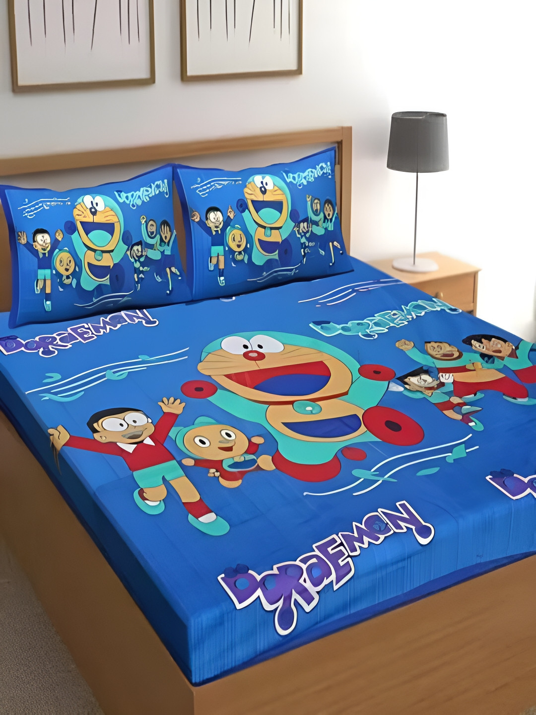 Runjhun Blue Cartoon Characters Cotton 144 TC Queen Bedsheet with 2 Pillow Covers-89 x 100 inches