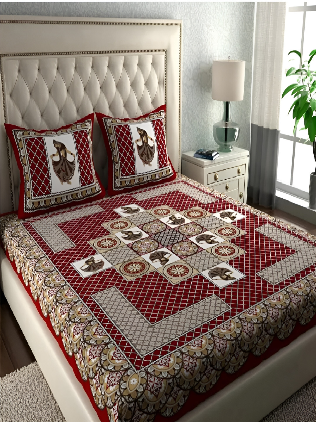 Runjhun Rajasthani Traditional Red Ethnic Motifs Pure Cotton 144 TC Queen Bedsheet with 2 Pillow Covers-90 x 100 inches
