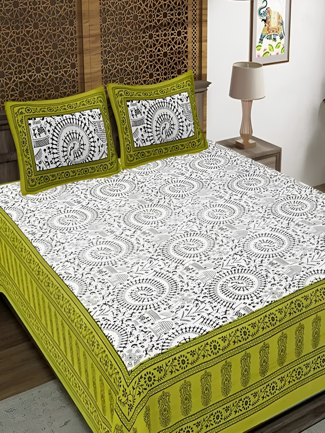 Runjhun Bani Thani Green Ethnic Motifs Pure Cotton 144 TC Queen Bedsheet with 2 Pillow Covers-90 x 100 inches