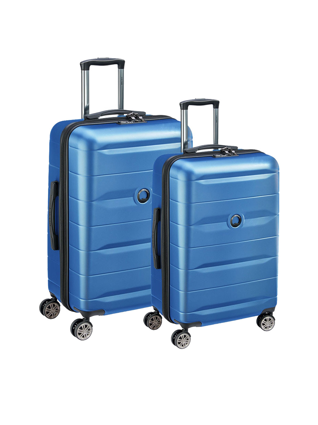 DELSEY PARIS COMETE Pack of Medium & Cabin Suitcase - Hard-Sided Blue Polycarbonate Trolley with TSA Lock