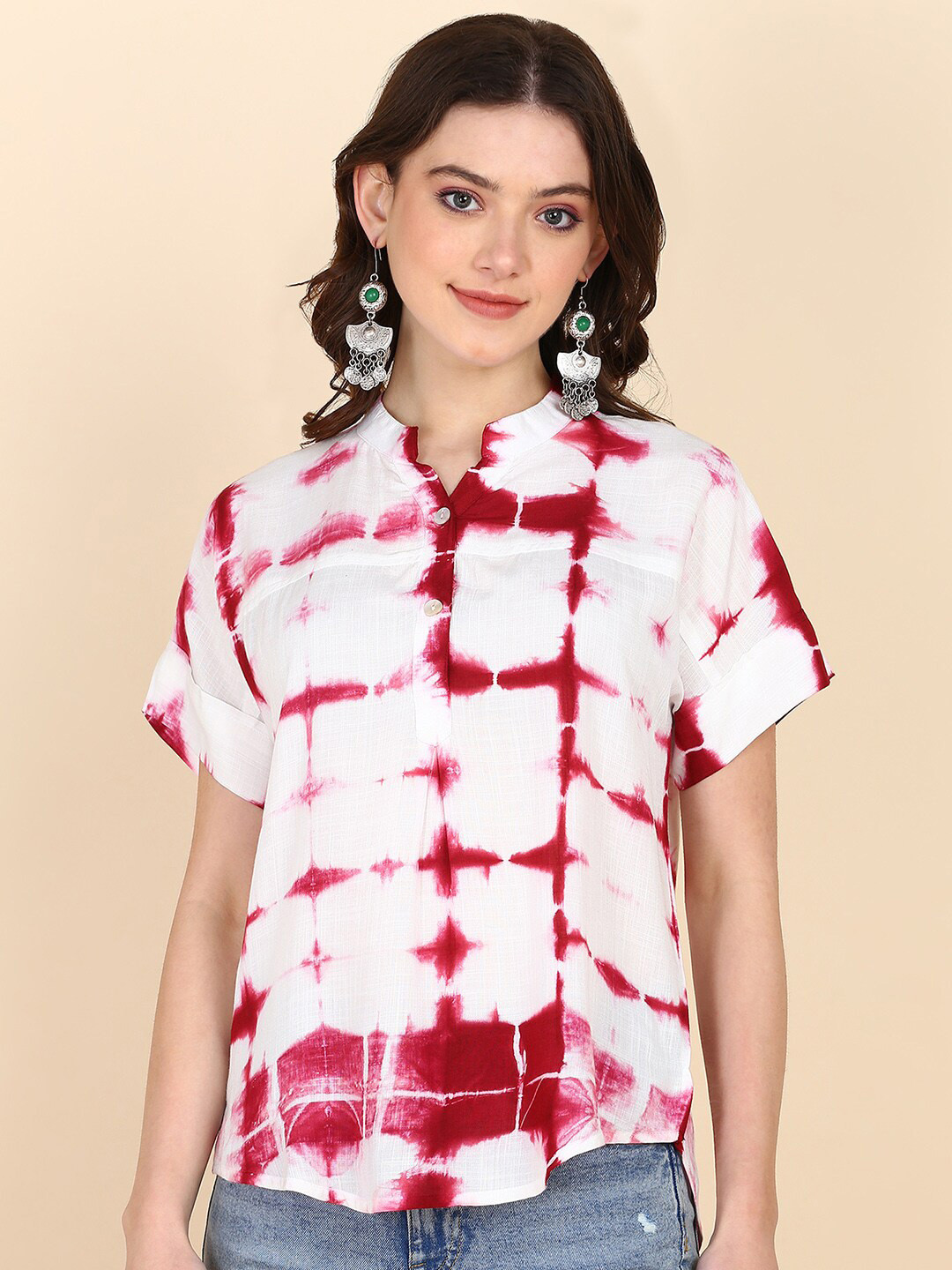 Maaesa Half Tie and Dye Mandarin Collar Shirt Style Top