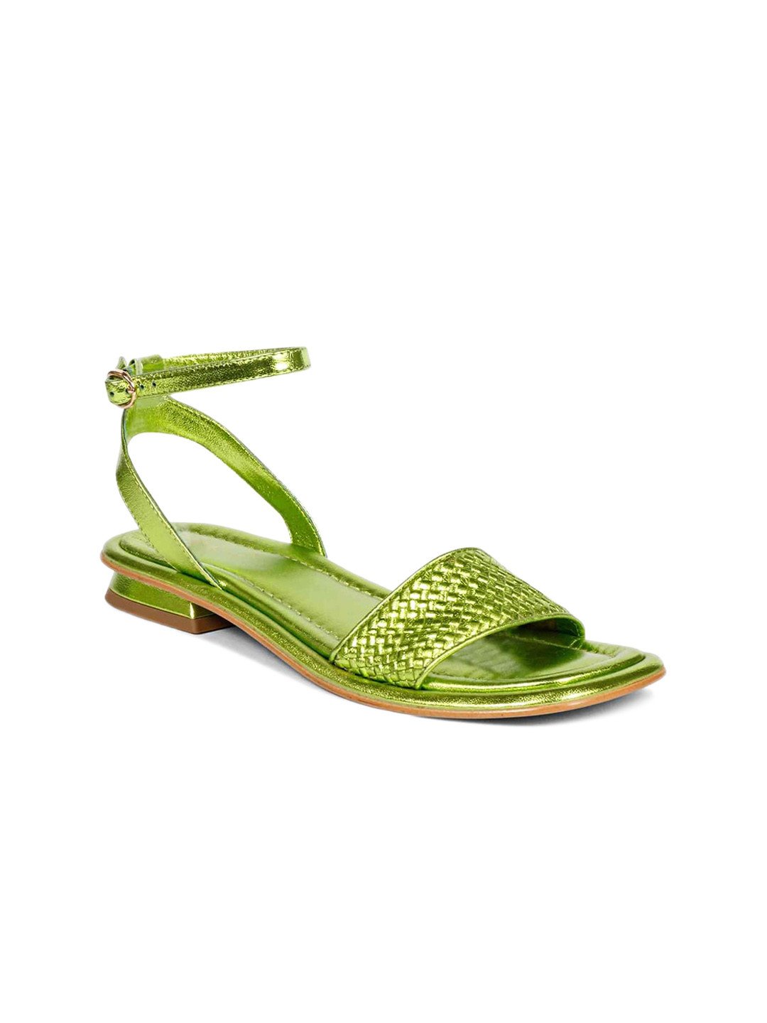 Saint G Textured Ankle Loop Leather Open Toe Flats