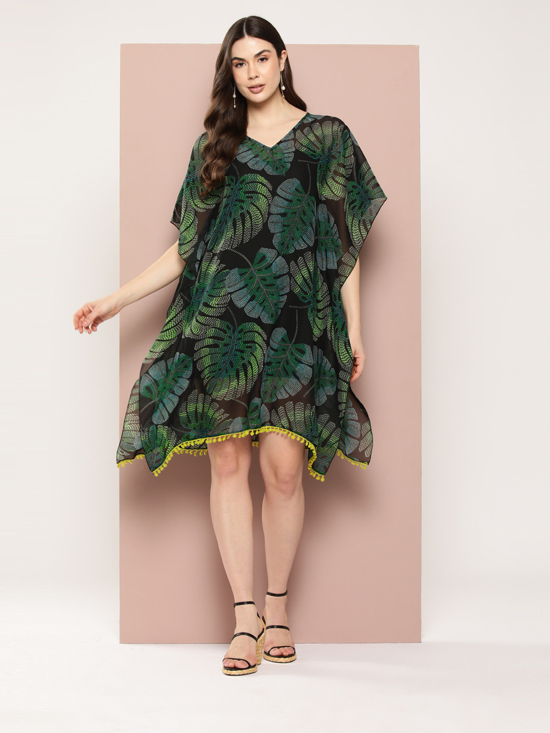 Qurvii Tropical Printed Kimono Sleeves Kaftan Dress