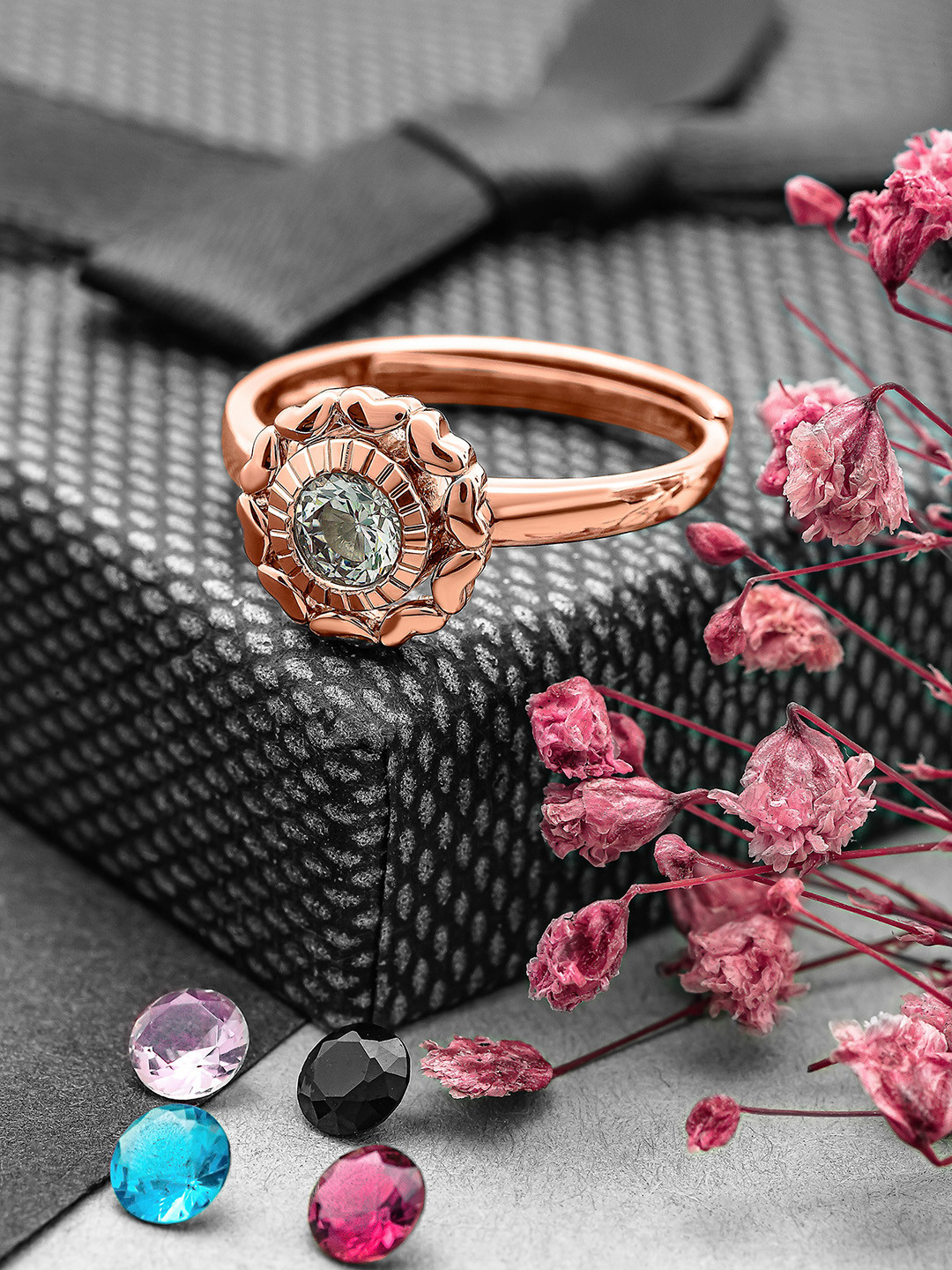 SILBERRY 925 Sterling Silver Rose Gold-plated Removable Crystal-studded Adjustable Ring
