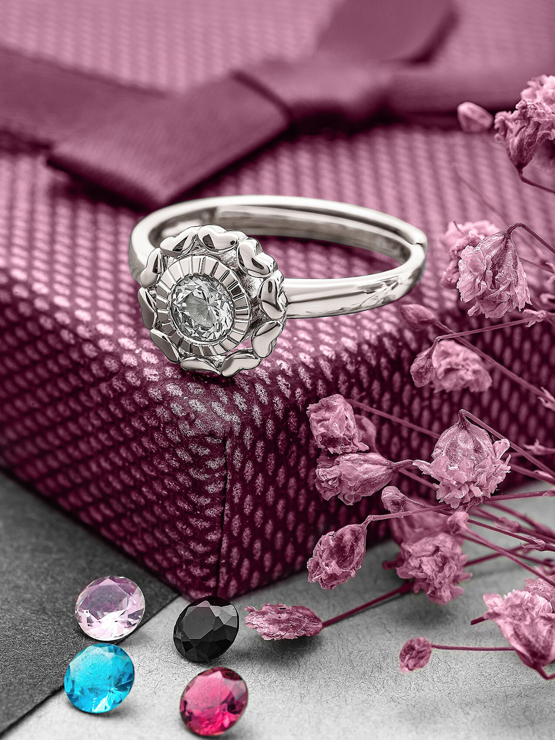 SILBERRY 925 Sterling Silver Rhodium-plated Removable Crystal-studded Adjustable Ring