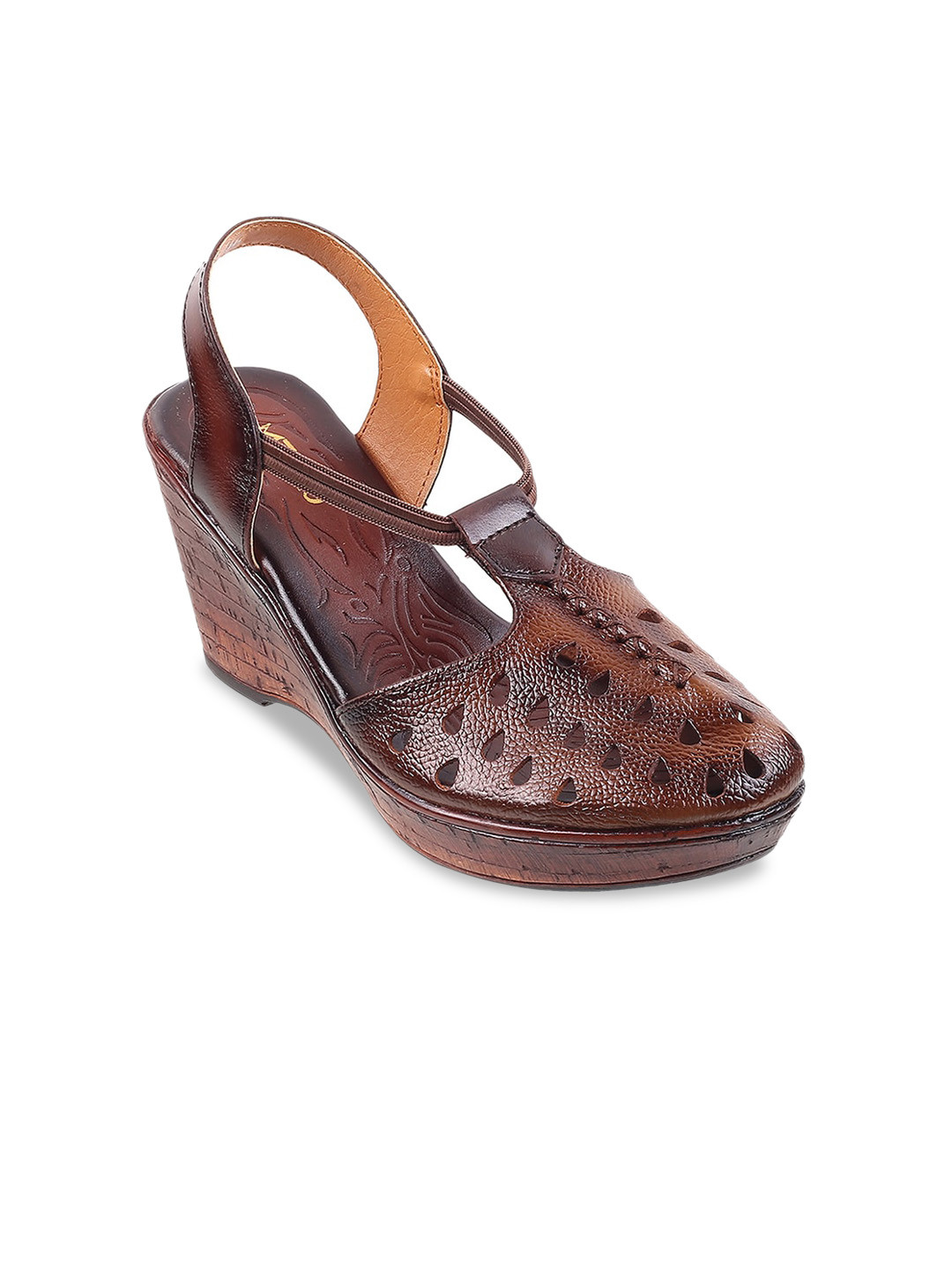 Metro Textured Round ToeLaser Cuts Leather Wedge Heeled Pumps