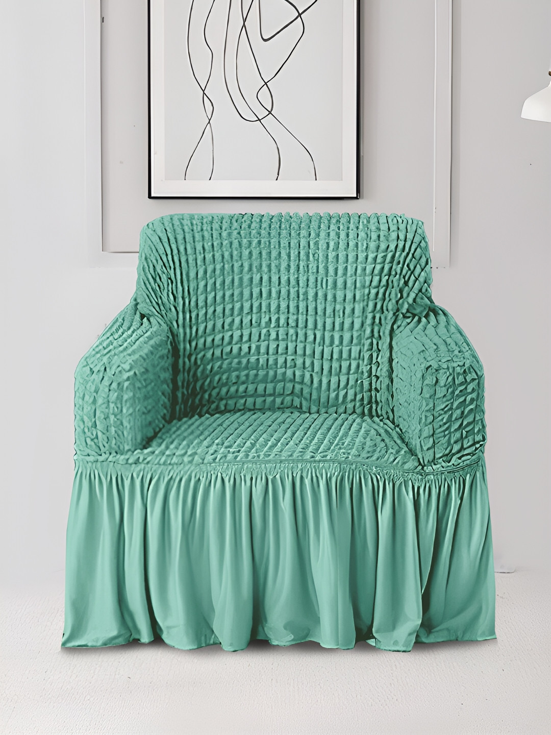 Cortina Sea Green Textured Elastic Stretchable Single Seater Sofa Cover
