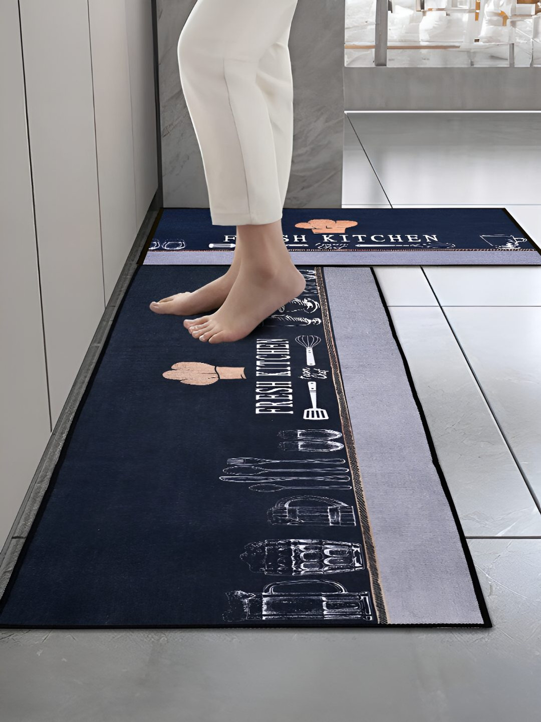 Cortina Navy Blue 2 Pieces Graphic Printed Rectangular Anti-Skid Kitchen Mats