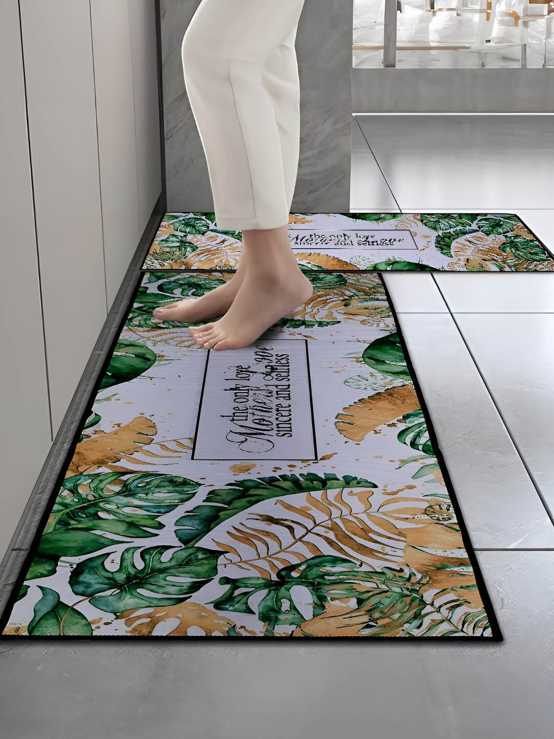 Cortina Green & White 2 Pieces Floral Printed Rectangular Anti-Skid Kitchen Mats