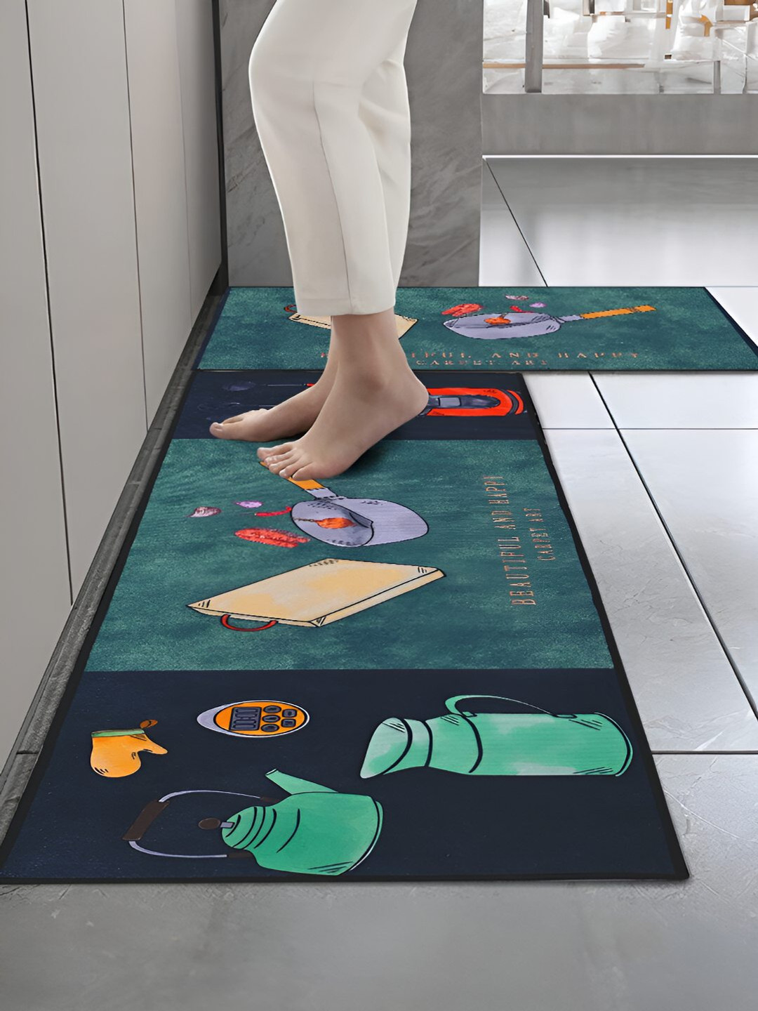 Cortina Navy Blue & Teal Blue 2 Pieces Graphic Printed Rectangular Anti-Skid Kitchen Mats