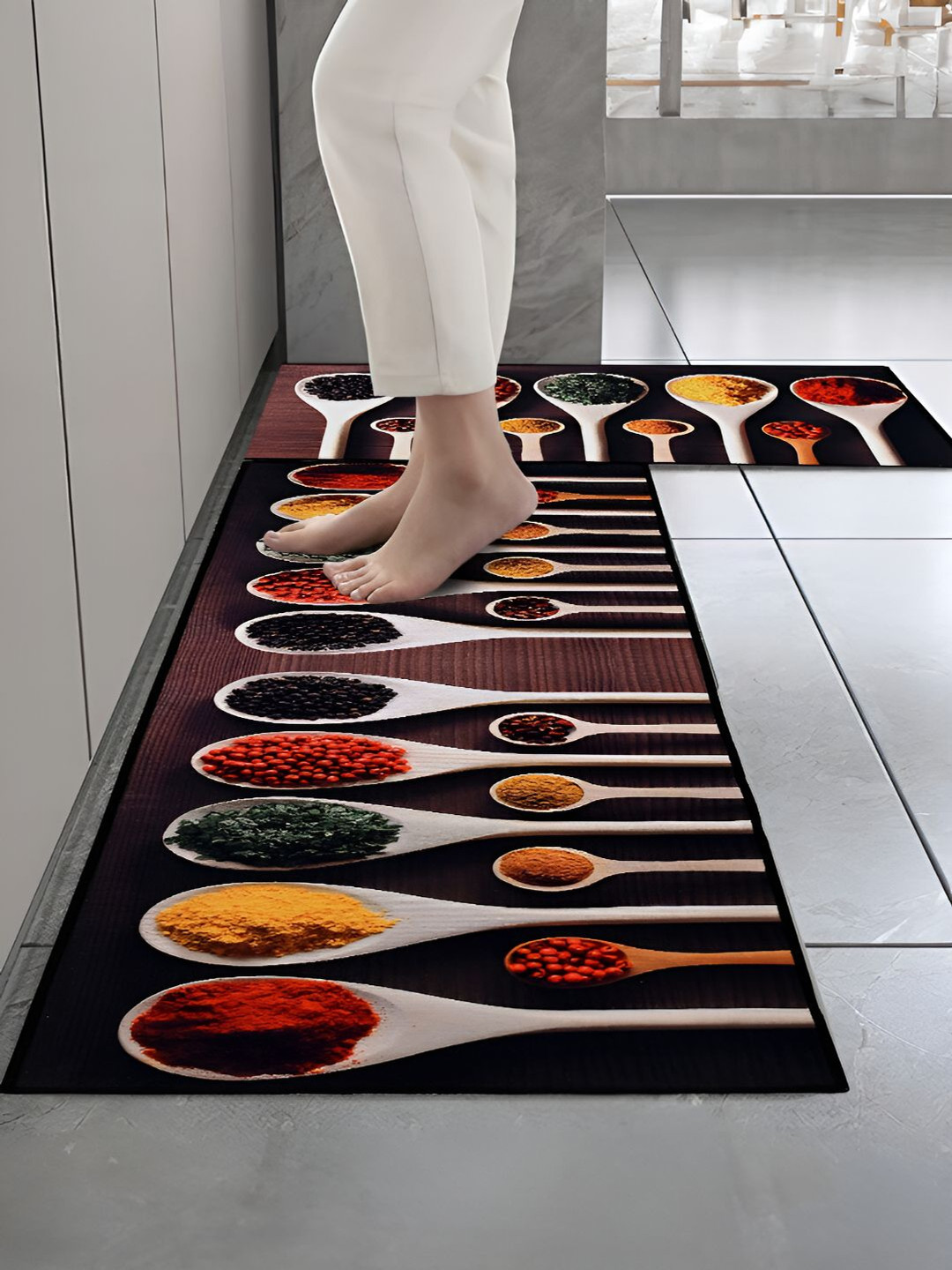 Cortina Black & Brown 2 Pieces Graphic Printed Rectangular Anti-Skid Kitchen Mats