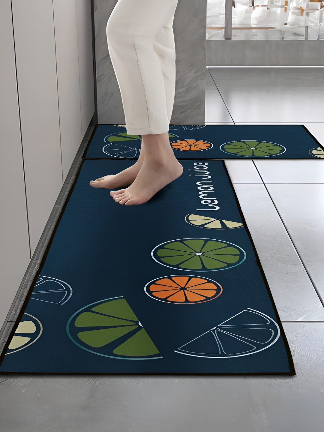 Cortina Navy Blue & Green 2 Pieces Graphic Printed Rectangular Anti-Skid Kitchen Mats