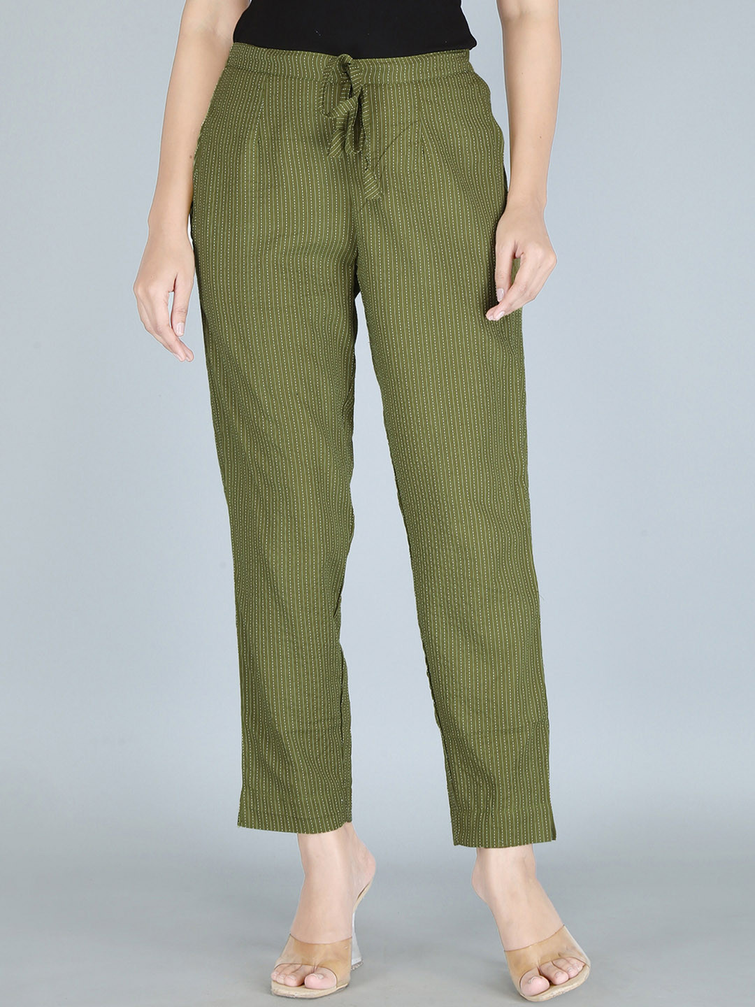 KANNAHI Women Mid-Rise Striped Pure Cotton Trouser