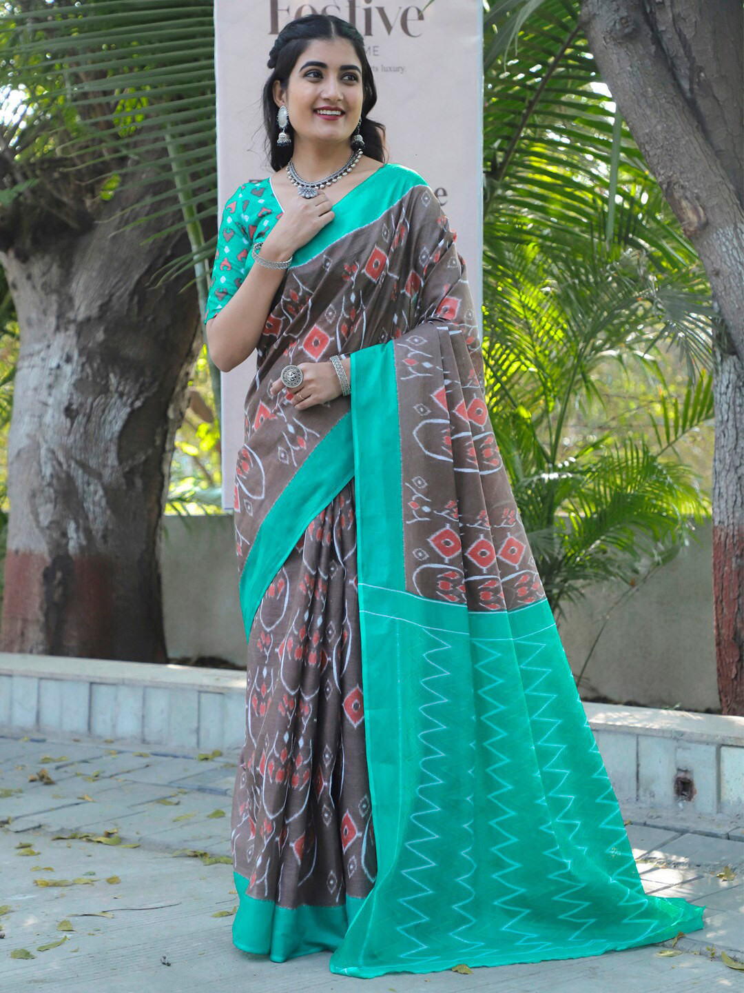 Saree mall Ethnic Motifs Poly Cotton Ikat Sarees