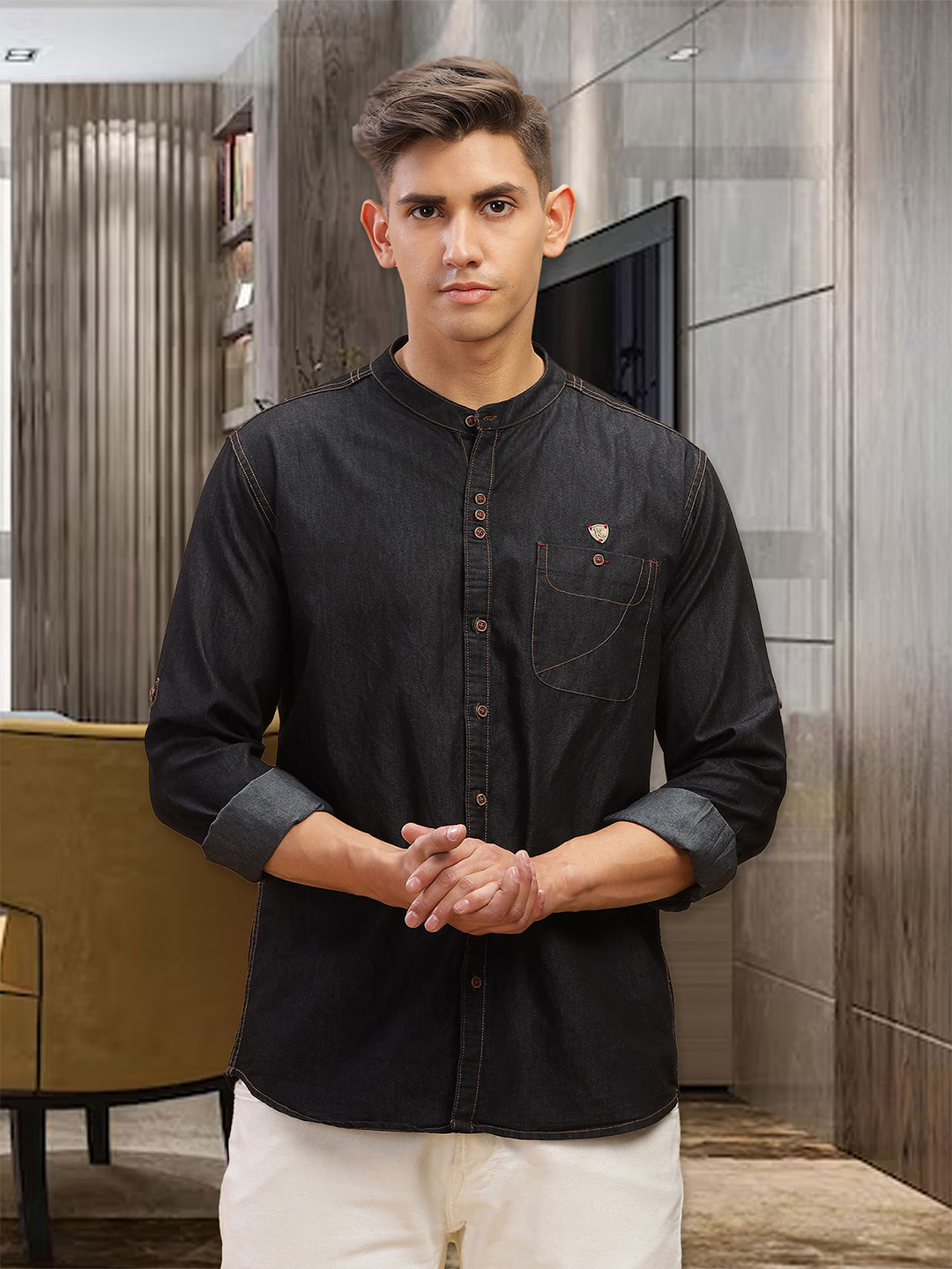 Kuons Avenue Smart Mandarin Collar Roll-Up Sleeves Chest Pocket Denim Casual Shirt