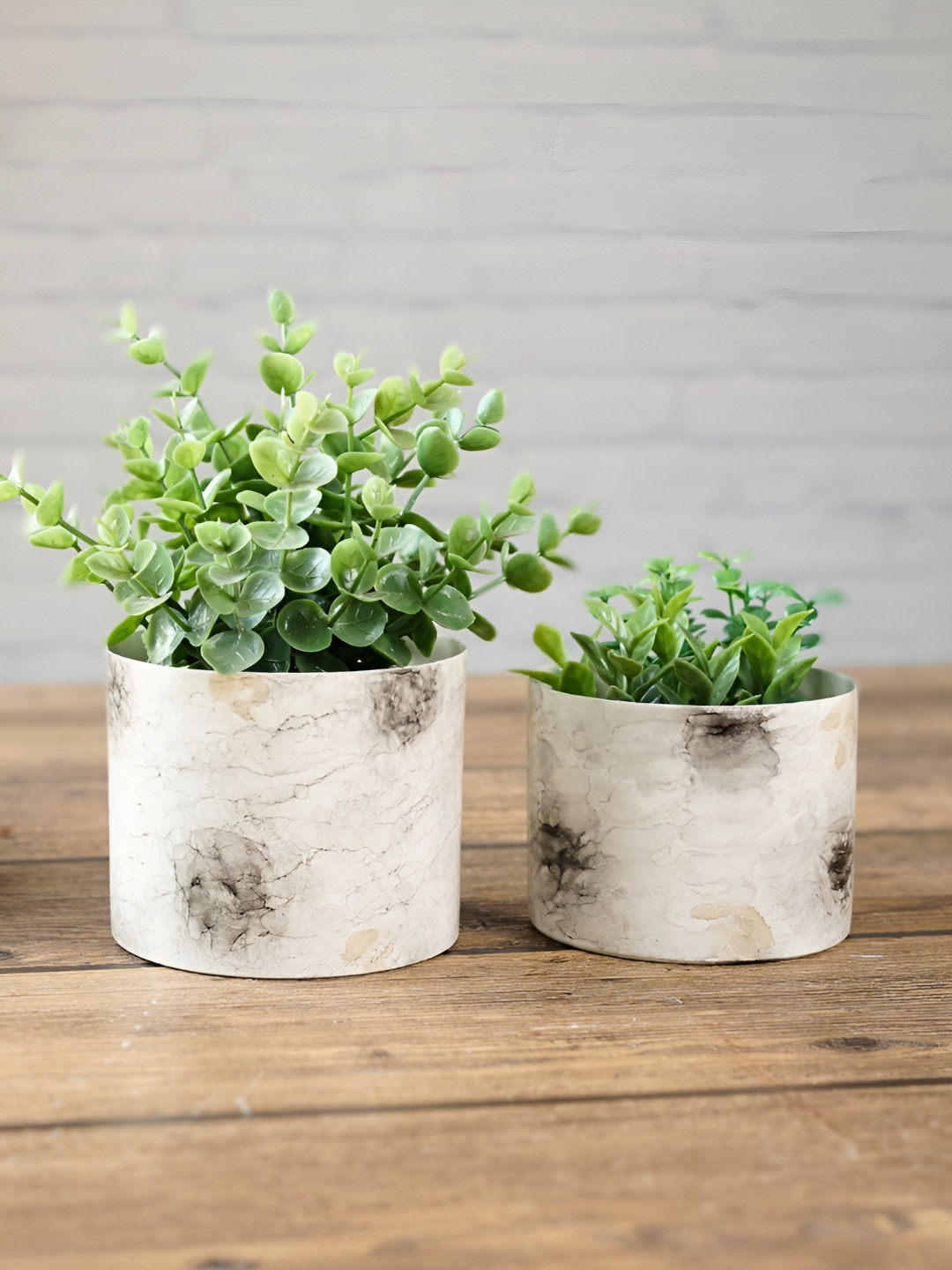 BEHOMA Set of 2 Off White Marble Finish Mini Tabletop Metal Planter