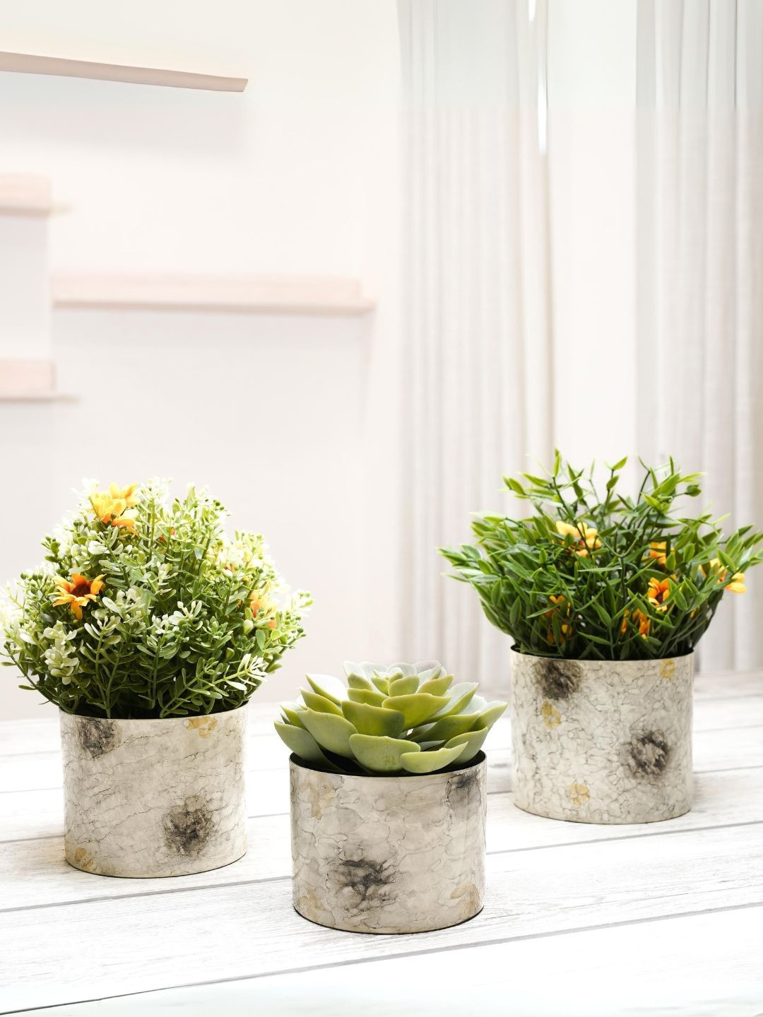 BEHOMA Set of 3 Off-White Marble Finish Mini Table-top Metal Planter