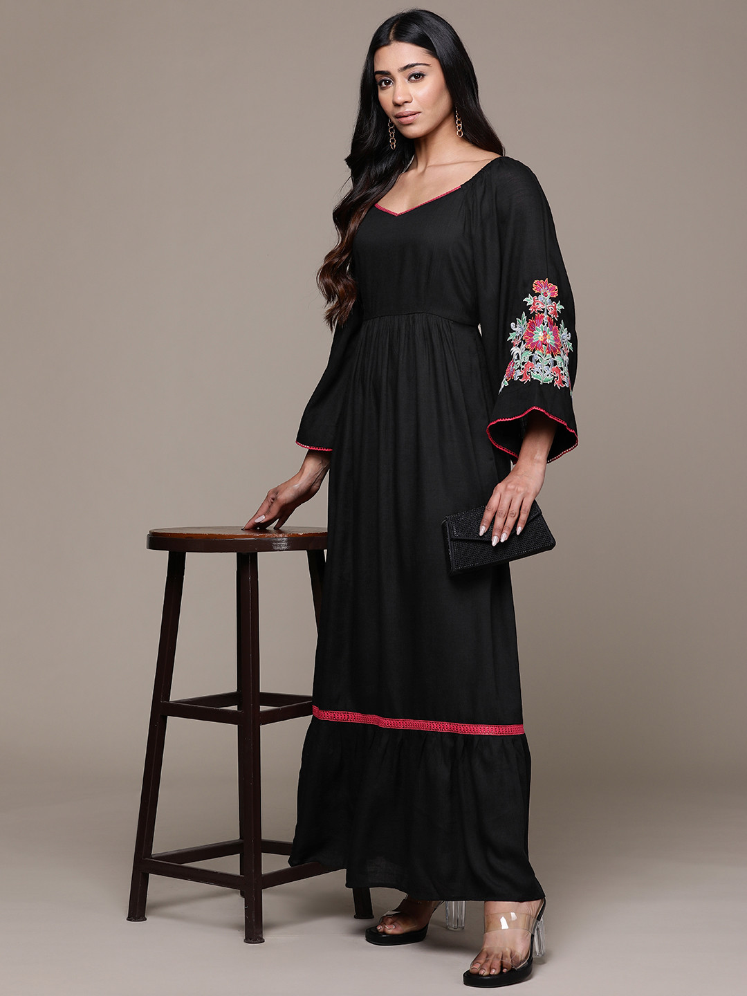 aarke Ritu Kumar Floral Embroidered Sweetheart Neck Flared Sleeves Maxi Dress
