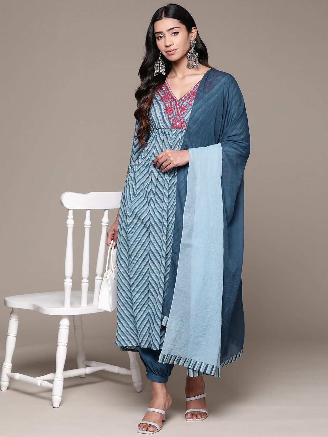 aarke Ritu Kumar Women Floral Yoke Design Pleated Kurta with Harem Pants & With Dupatta