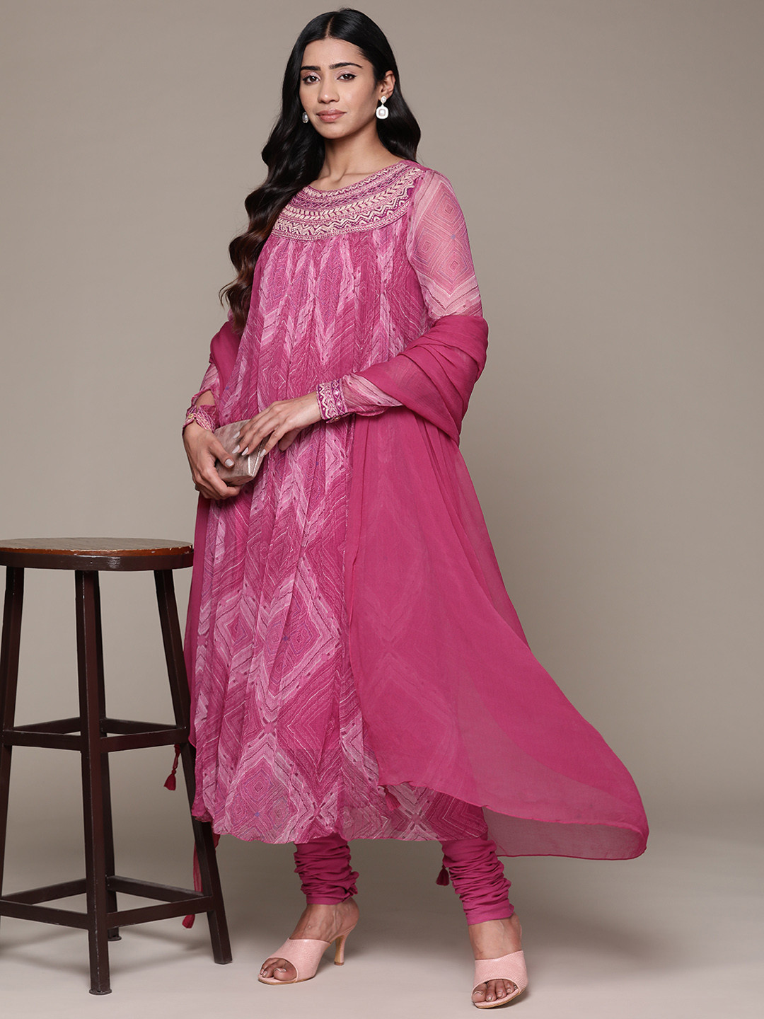 aarke Ritu Kumar Printed Pleated Mirror Work Kurta with Salwar & Dupatta