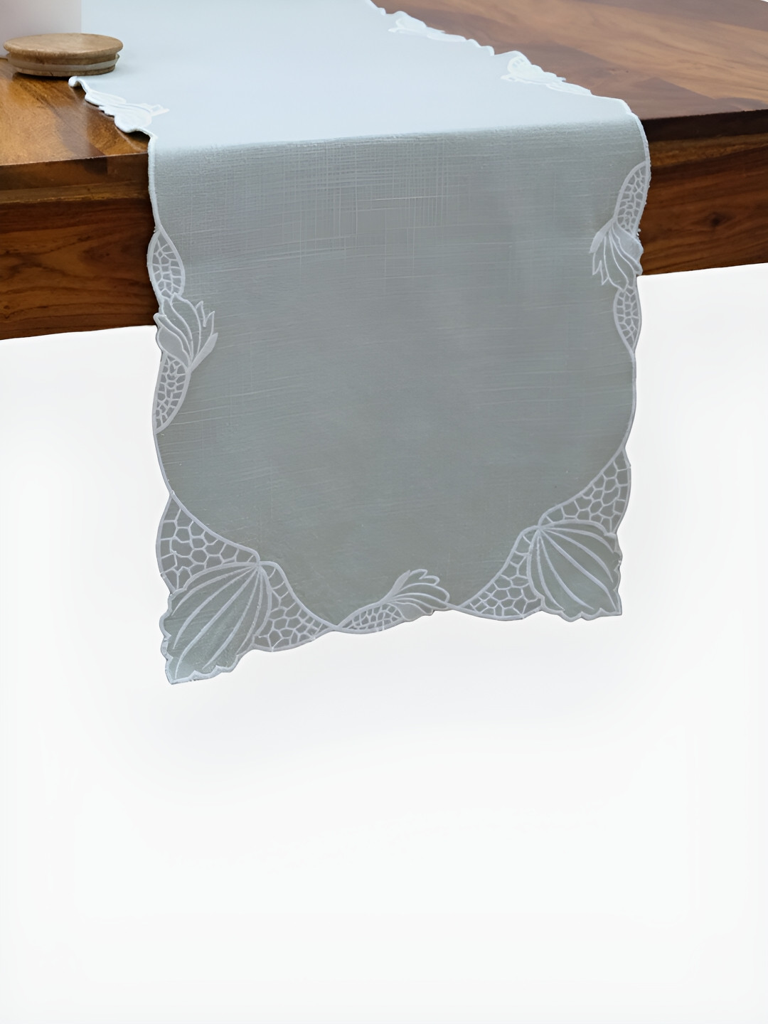 DESIGN GAATHA Grey & White Floral Embroidered Cutwork Rectangle Table Runner
