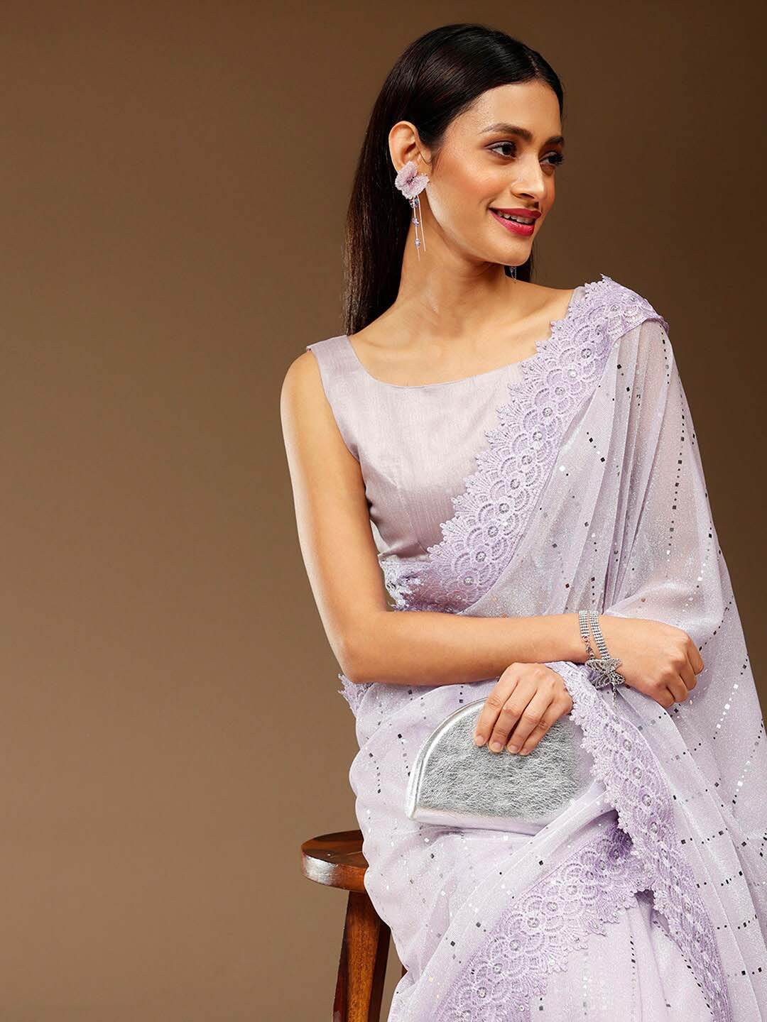 Sangria Ethnic Embellished Lace Border Party Saree