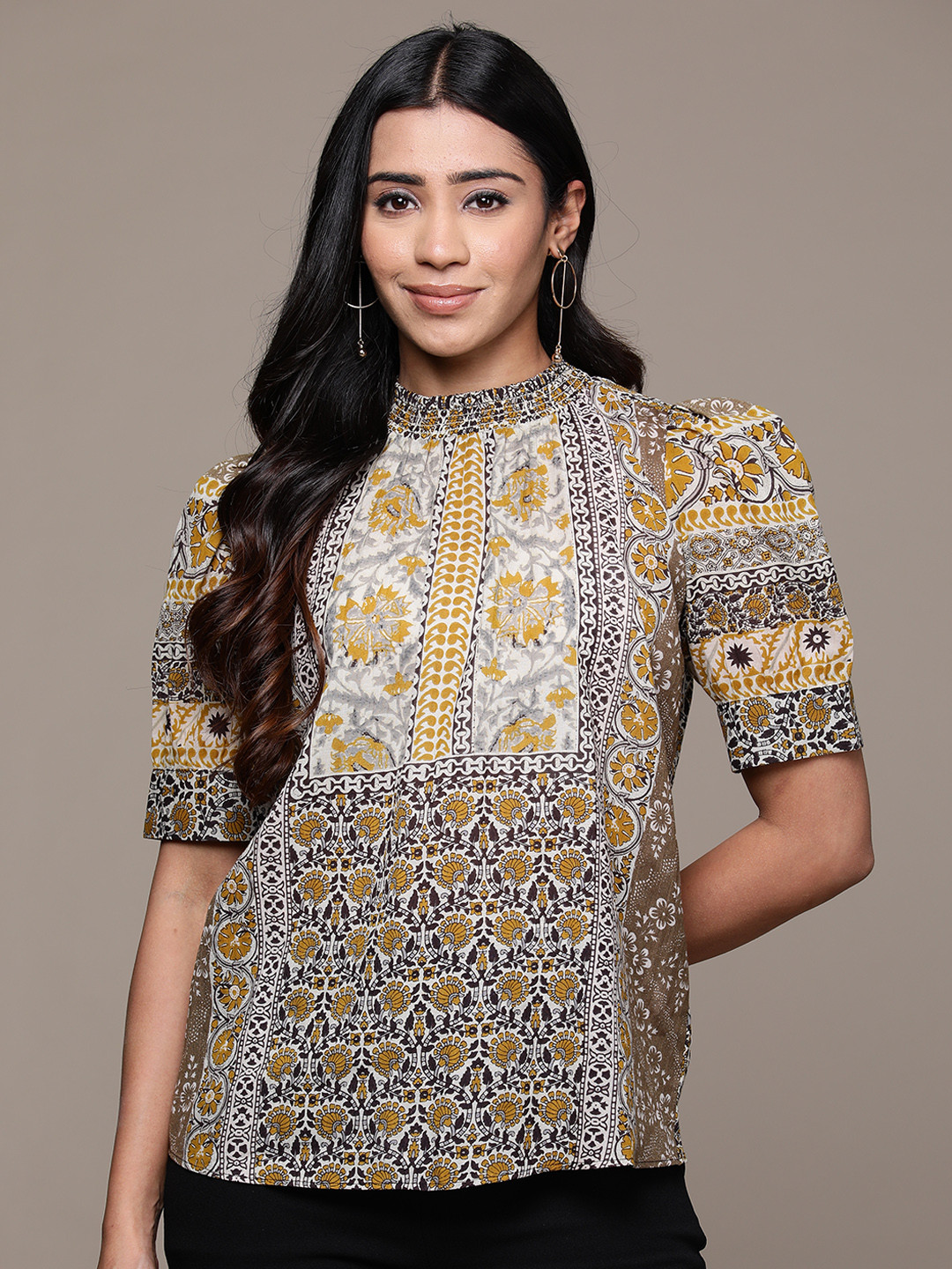 aarke Ritu Kumar Print Puff Sleeves High Neck Ethnic Top