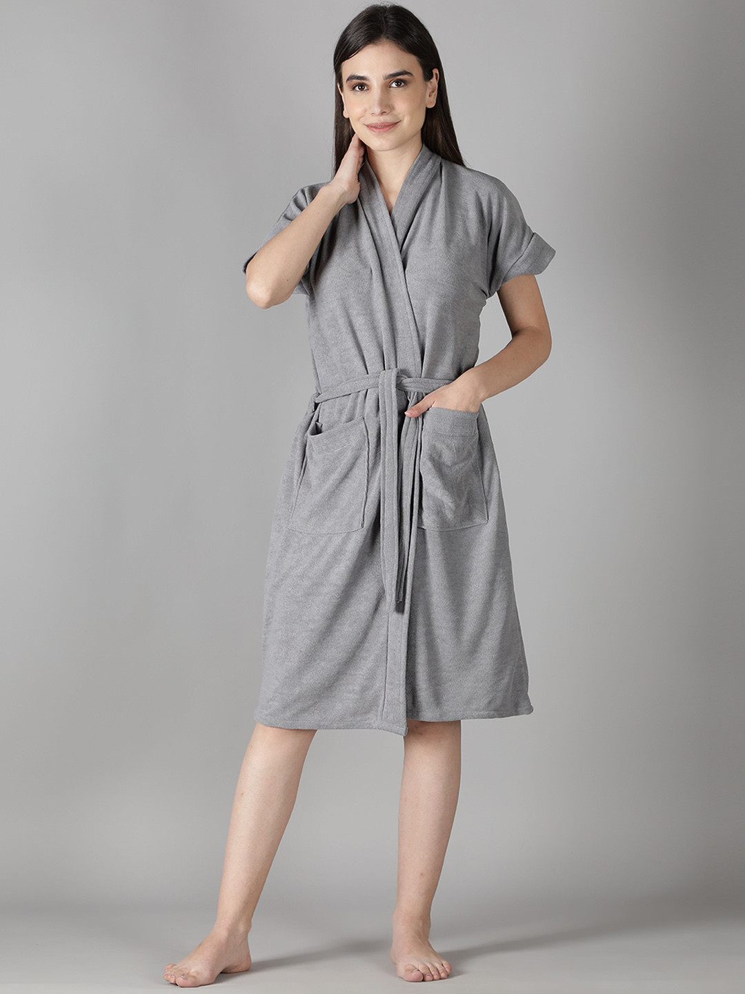 LacyLook Regular Grey Solid Terrycloth Drawstring Knee Length Bath Robe