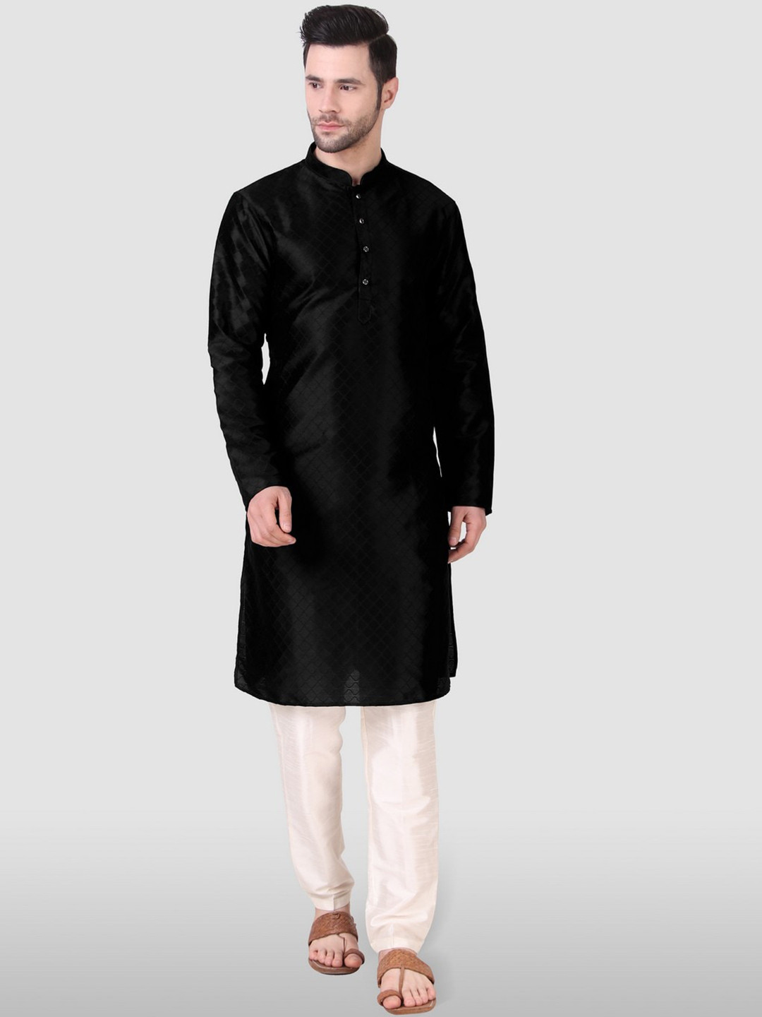 Koshin Thread Work Woven Design Jacquard Mandarin Collar Patani Silk Kurta
