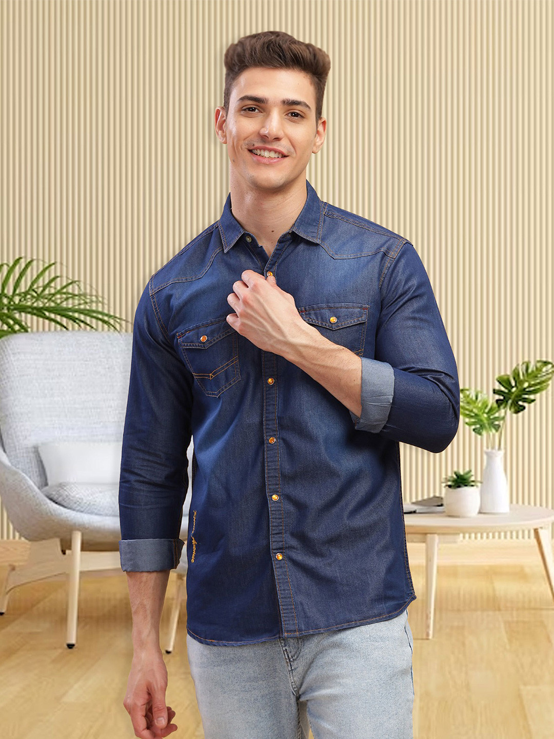 Kuons Avenue Smart Faded Opaque Spread Collar Double Pocket Denim Casual Shirt