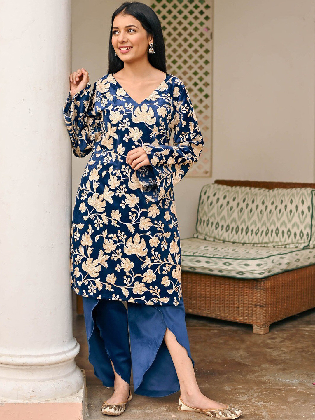 Lavanya The Label Floral Embroidered Regular Aari Work Velvet Kurta with Dhoti Pants