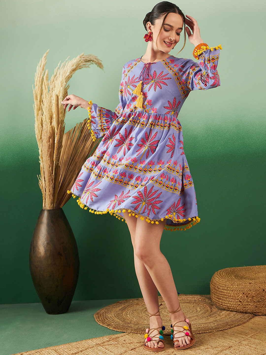 Sangria Floral Printed Pure Cotton Fit & Flare Mini Ethnic Dress