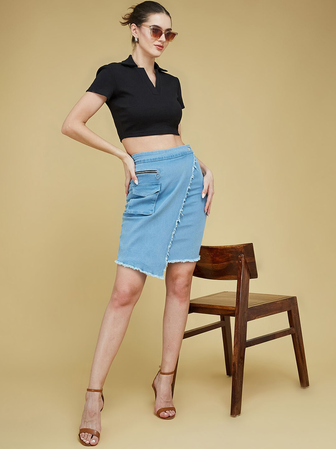 DressBerry Women Regular High rise Clean look Above Knee Stretchable Denim Skirt