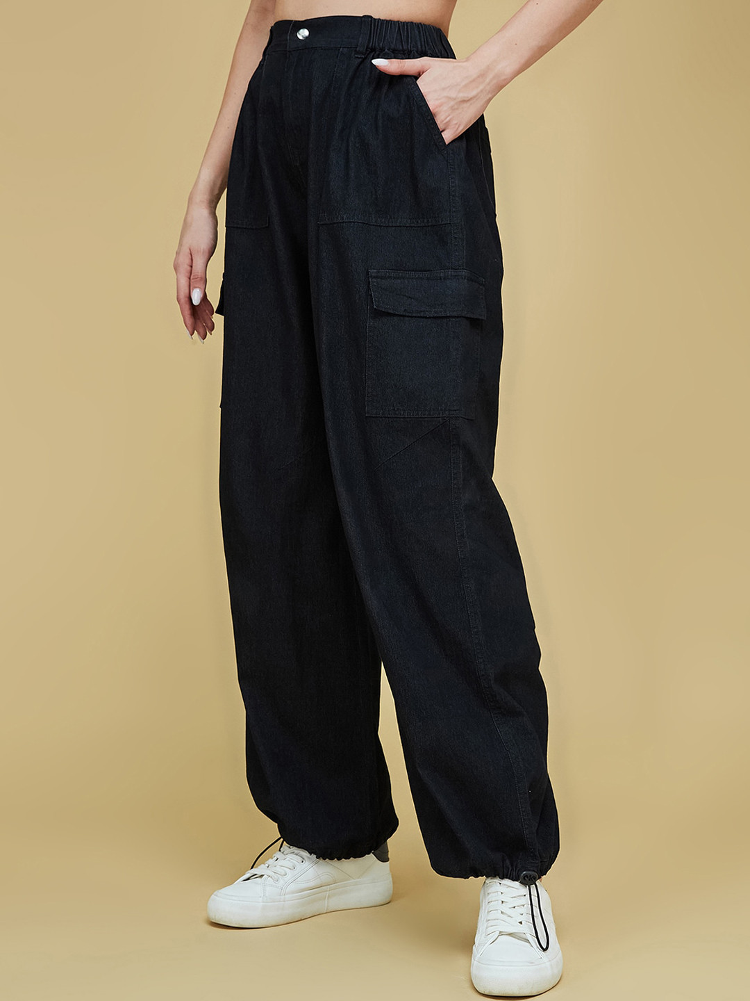 DressBerry Women Straight-Fit High-Rise Stretchable Light Weight Denim Parachute Pants