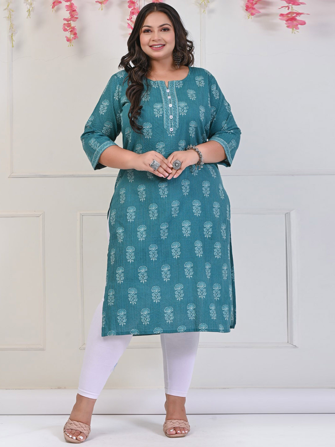 KALINI Plus Size Ethnic Motifs Printed Round Neck Cotton Straight Kurta