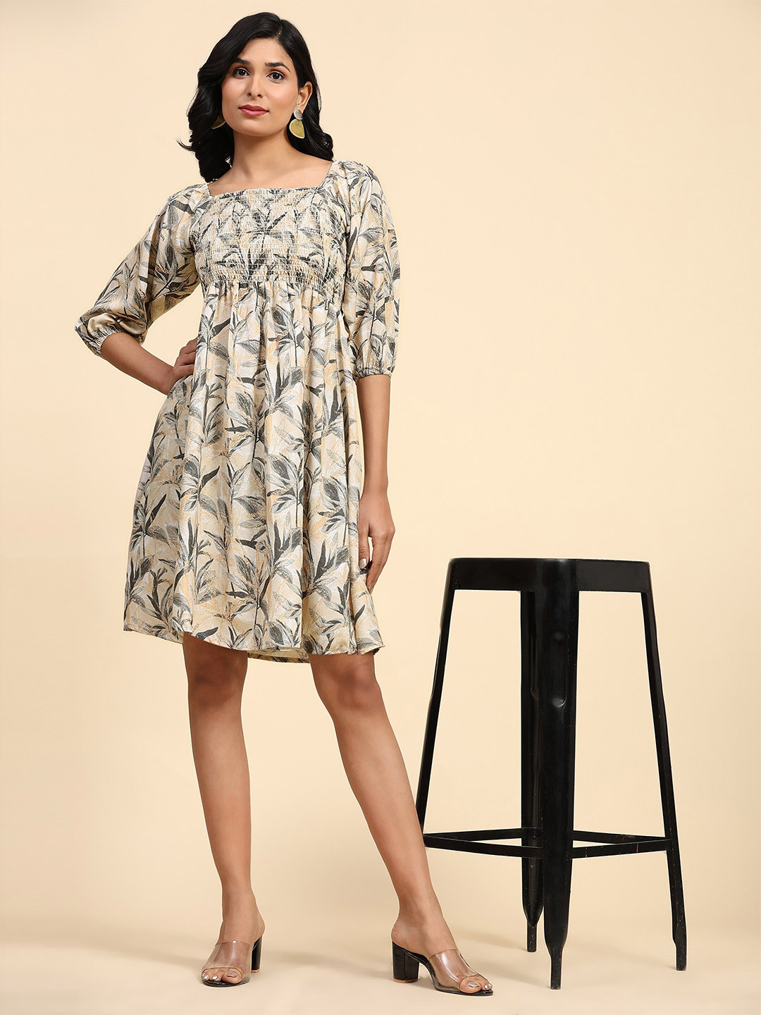 RACHNA Floral Printed Square Neck Puff Sleeves Smocked Detail Georgette A-Line Dress