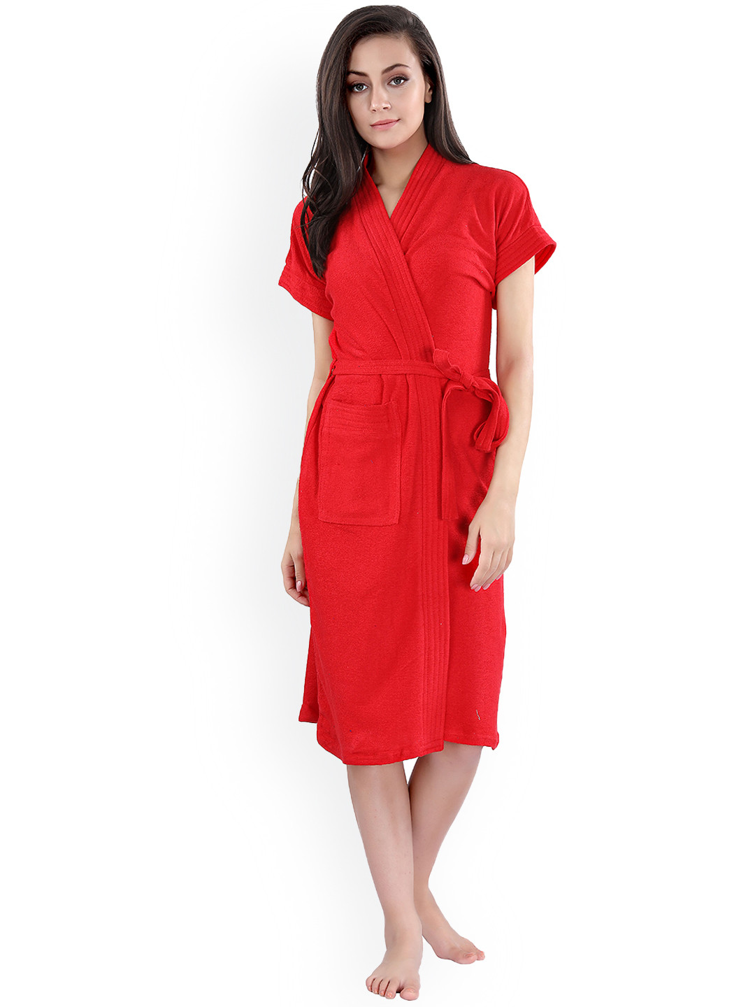 LacyLook Regular Red Solid Terrycloth Drawstring Midi Bath Robe