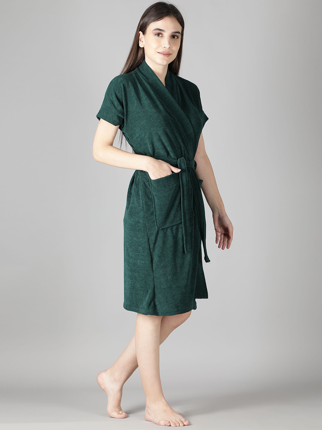 LacyLook Regular Green Solid Terrycloth Drawstring Knee Length Bath Robe