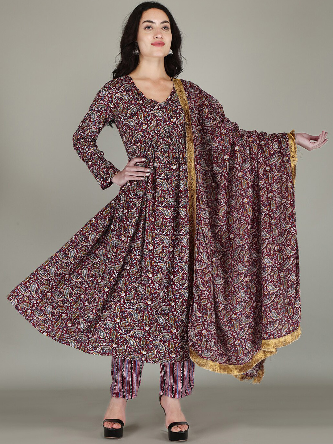 PARTHVI Paisley Printed Anarkali Kurta & Trousers With Dupatta