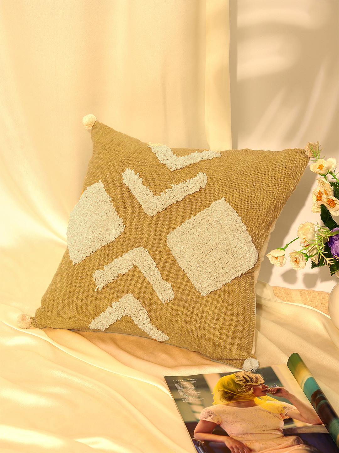 SANSKRUTIHOMES Mustard Embroidered Cotton Breathable Square Cushion Cover - 18 x 18 Inches
