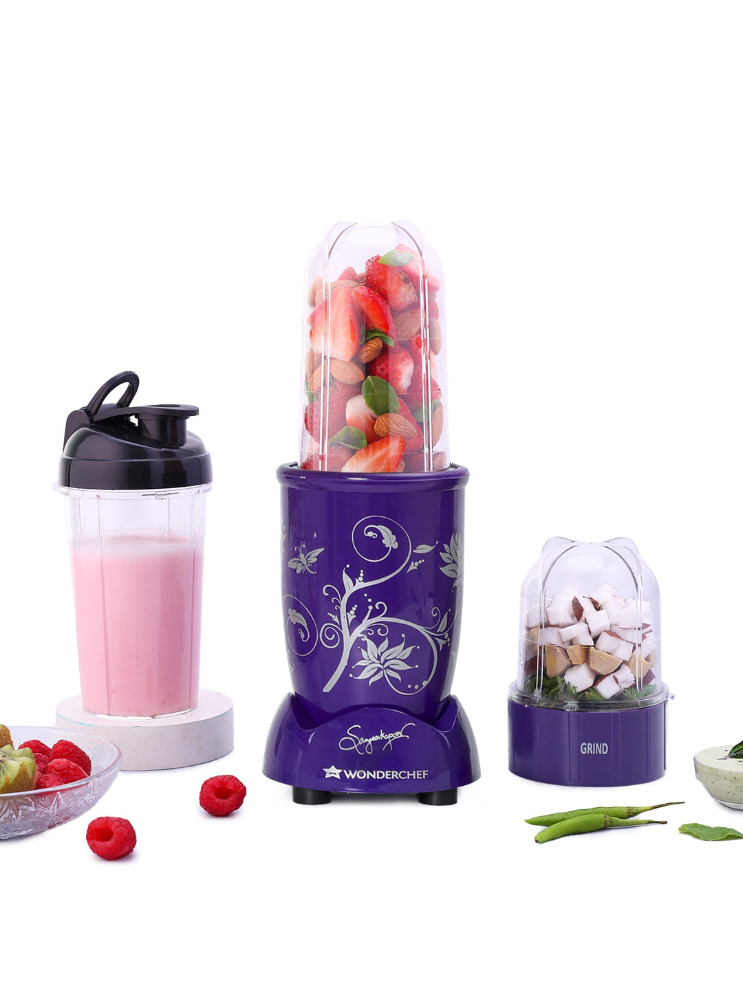 Wonderchef Nutri-Blend Purple Plastic 100% Copper Motor 3 Jars Wet Grinder-500W
