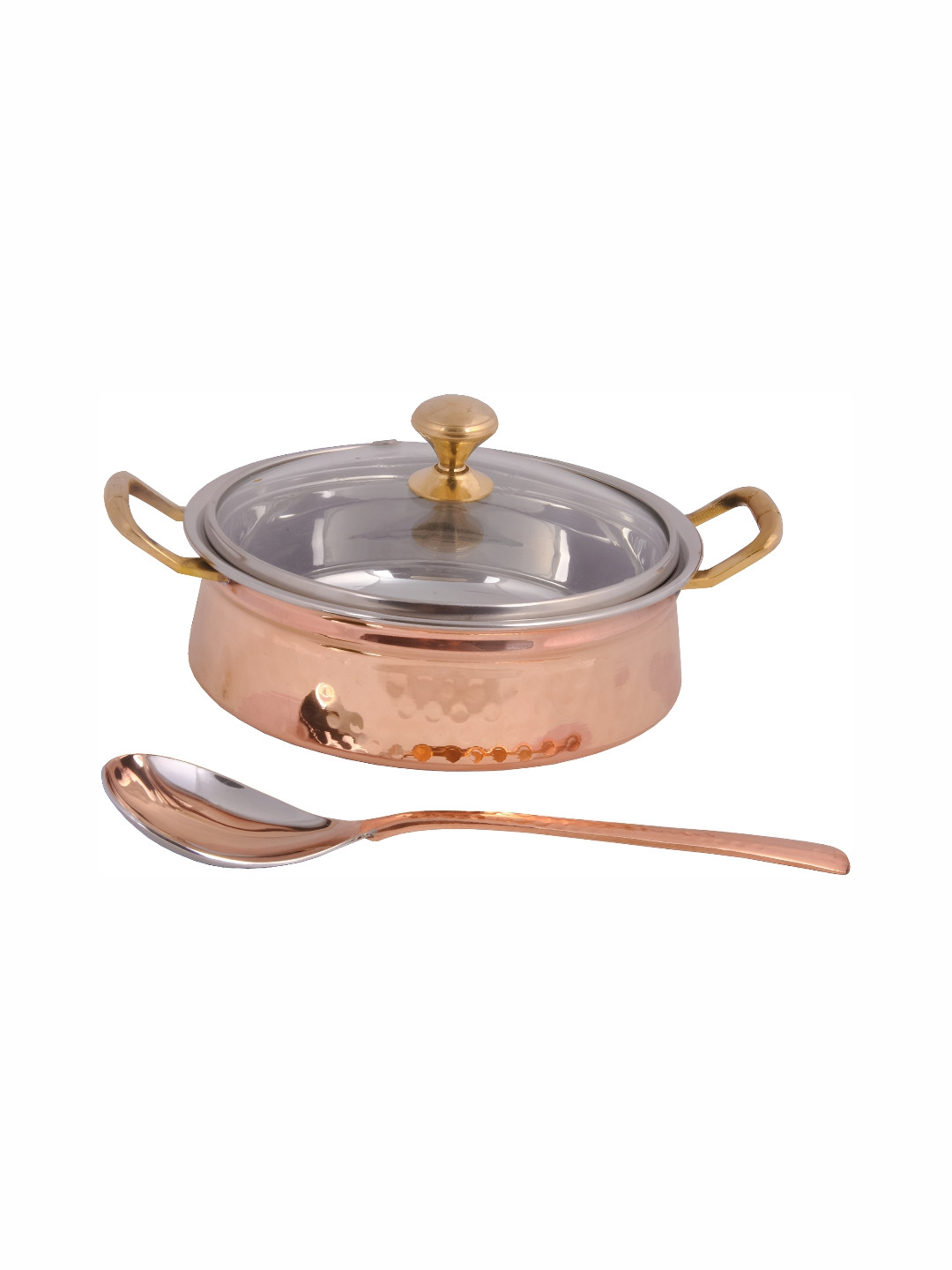 Shivshakti Arts Copper Casserole with Glass Lid & Serving Spoon 850 ml