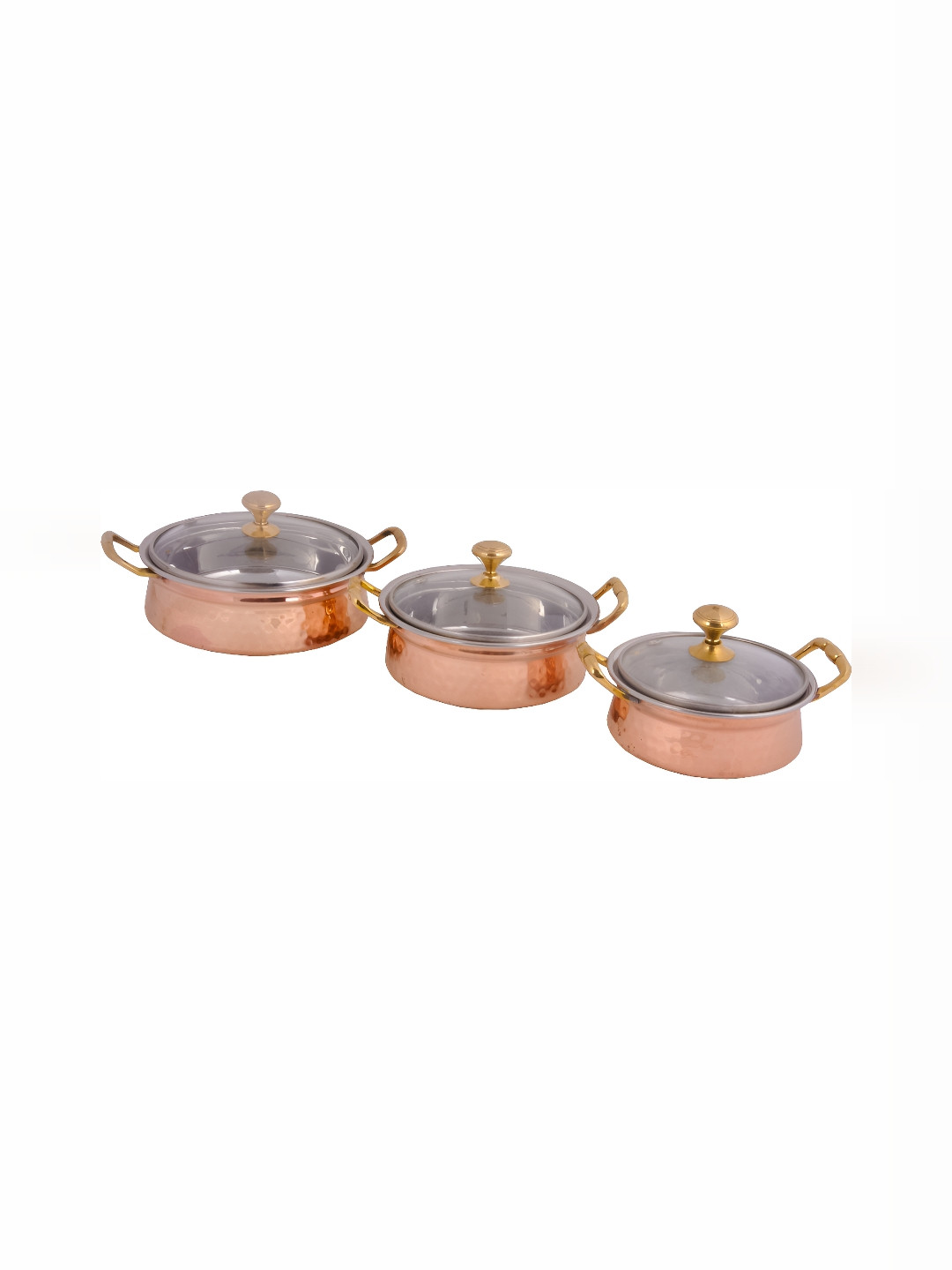 Shivshakti Arts Brown & Transparent 3Pcs  Copper Cook And Serve Casseroles With Glass Lids