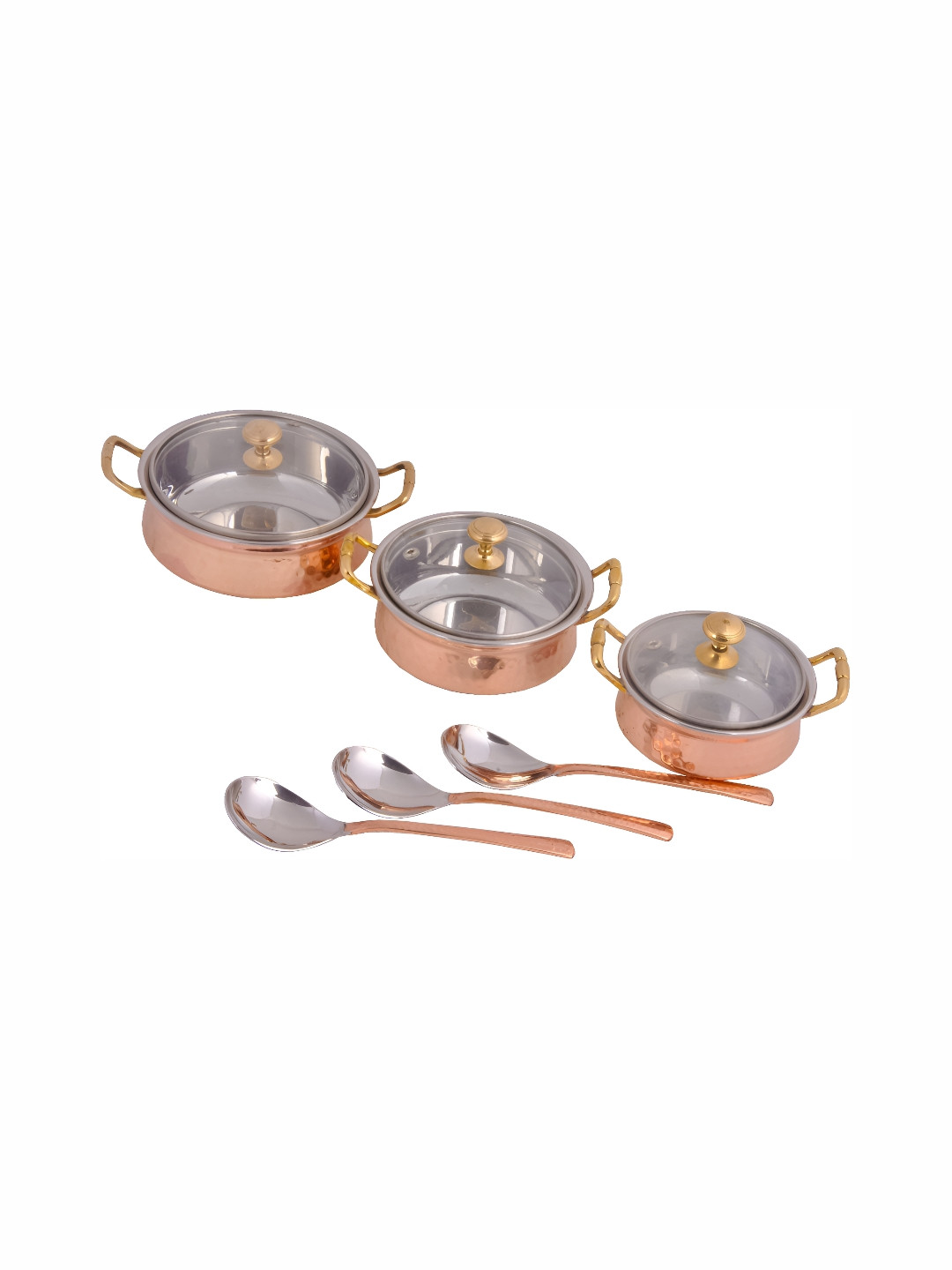 Shivshakti Arts Brown & Transparent 6Pcs Copper Cook And Serve Casseroles With Glass Lids