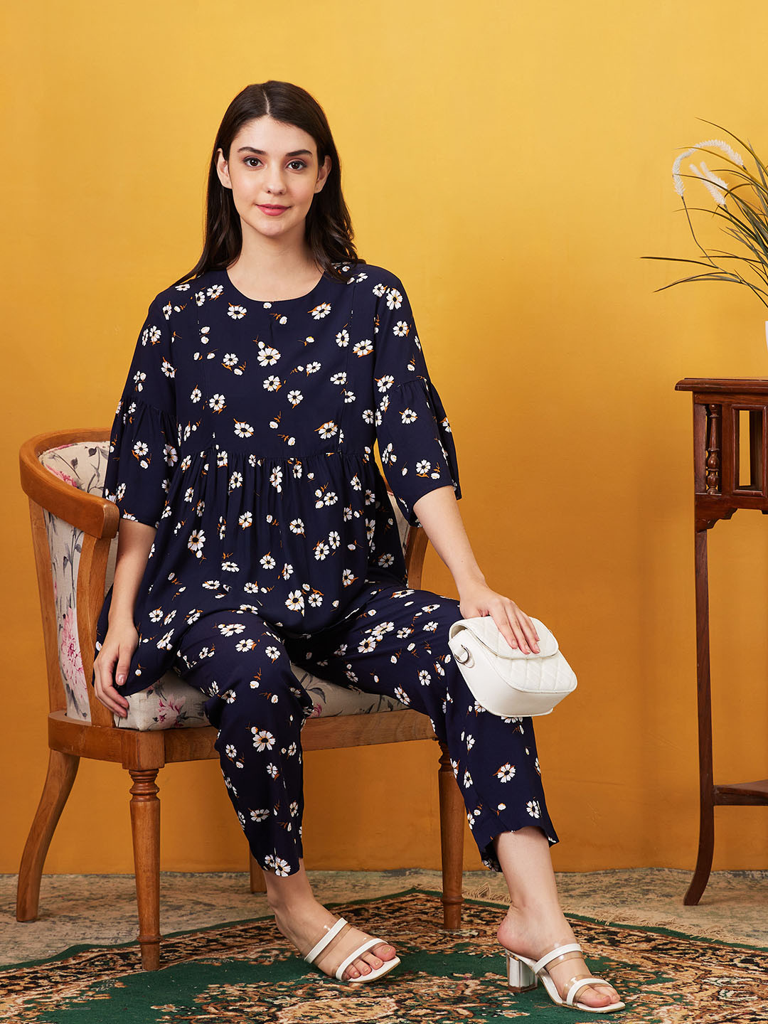 AV2 Maternity Printed Bell Sleeves A-Line Top & Flared Trouser